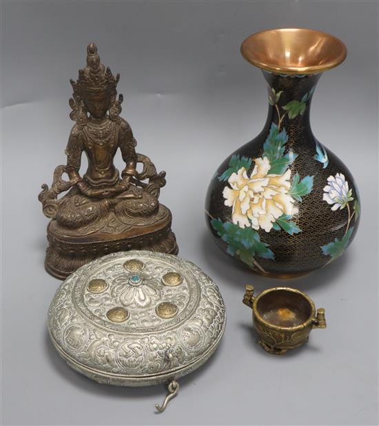 A bronze figure of Tara, a bronze censer, a cloisonne vase and a Tibetan box